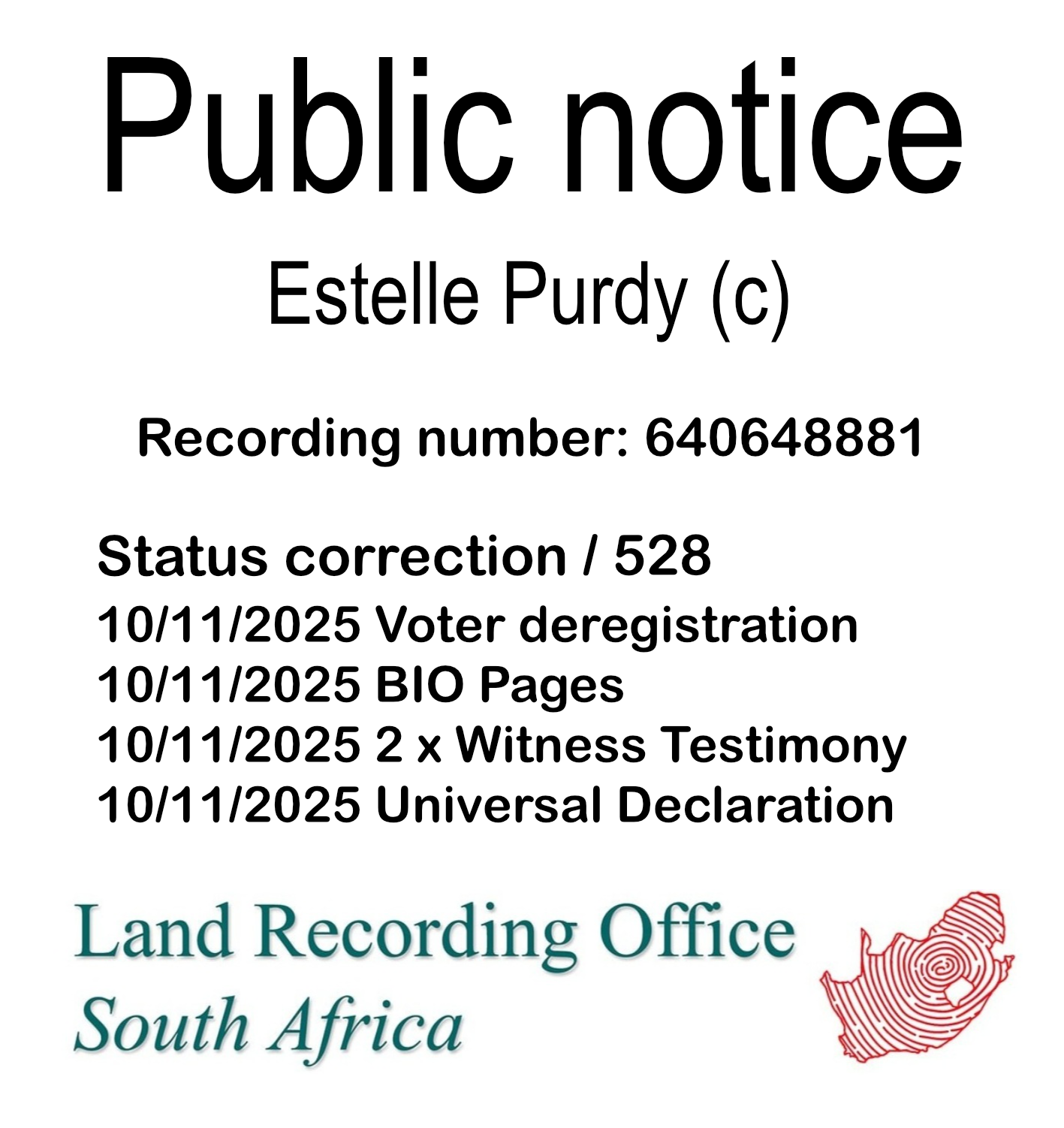 Public notice Estelle Purdy Recording number 640648881